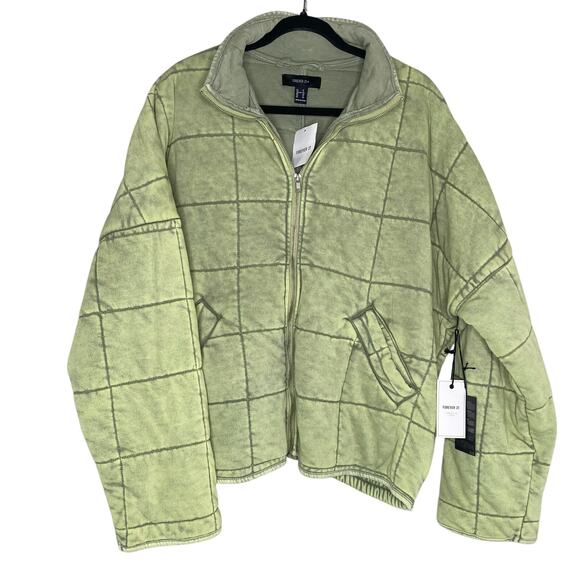 Forever 21 Plus NWT Light Olive Green Quilted Zip Up Jacket 1X - Picture 1 of 12